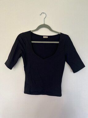 Free People Black Low Cut Short Sleeve Top